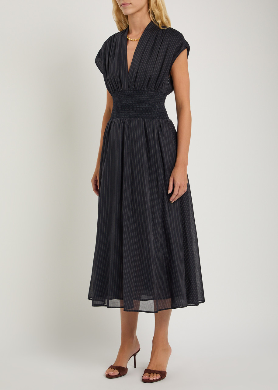 Tory Burch Cotton Stripe Shirred-waist Midi Dress In Blue