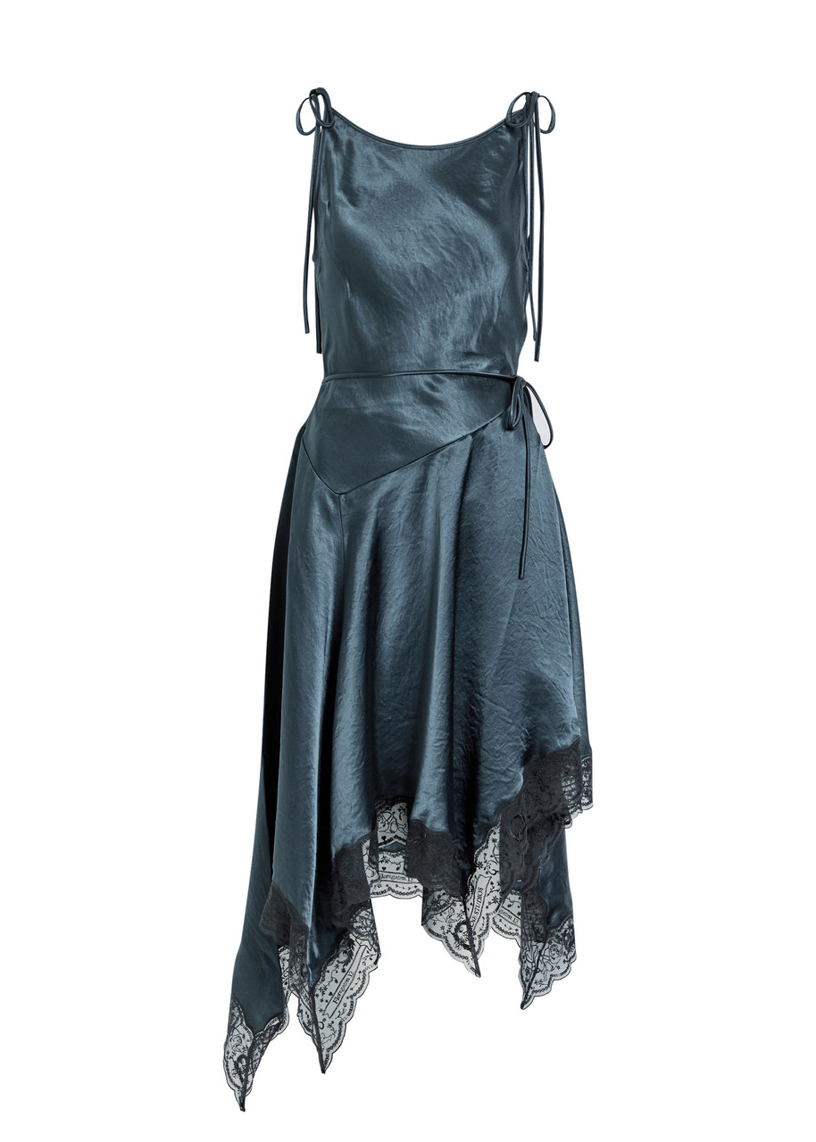 Acne Studios Womens Petrol Blue Asymmetric Lace-trim Satin Midi Dress In Blue