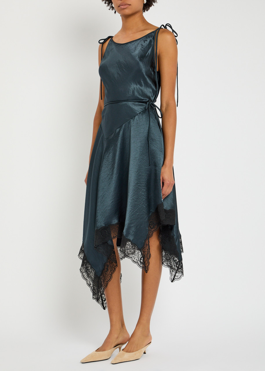 Acne Studios Womens Petrol Blue Asymmetric Lace-trim Satin Midi Dress In Blue