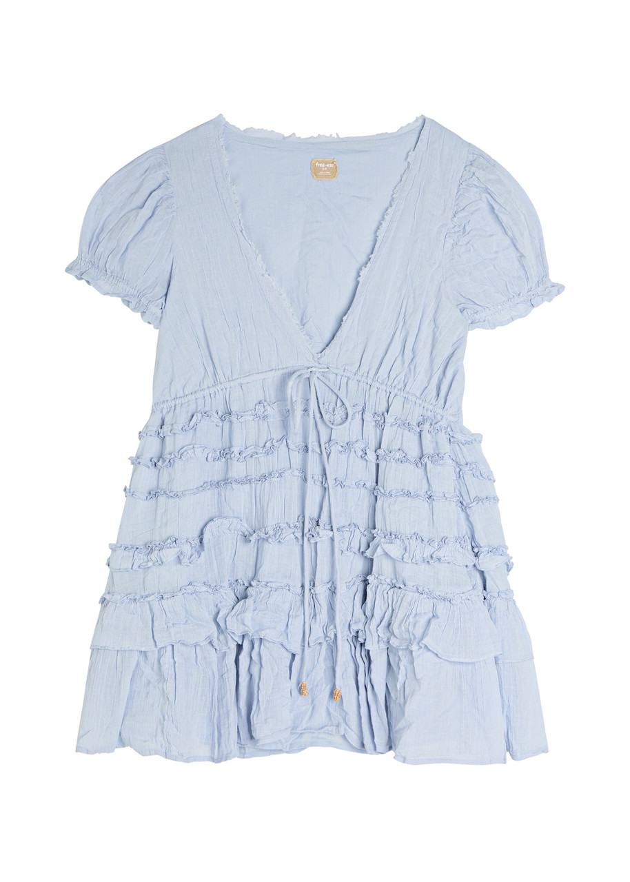 Free People Darcy Ruffled Cotton Mini Dress - Light Blue - XL (UK 20-22 / XL)