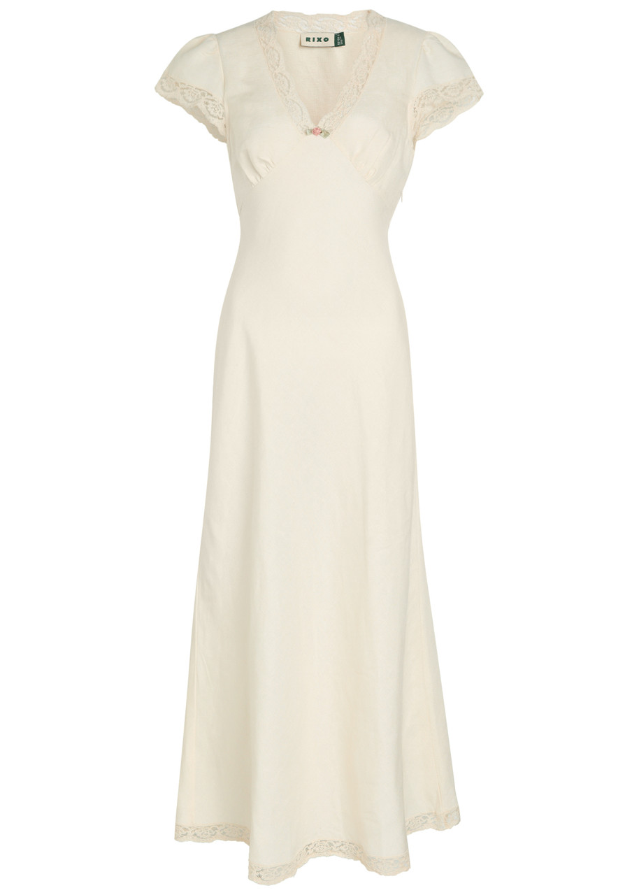 Rixo London Rixo Clarice Lace-embellished Linen-blend Maxi Dress In White