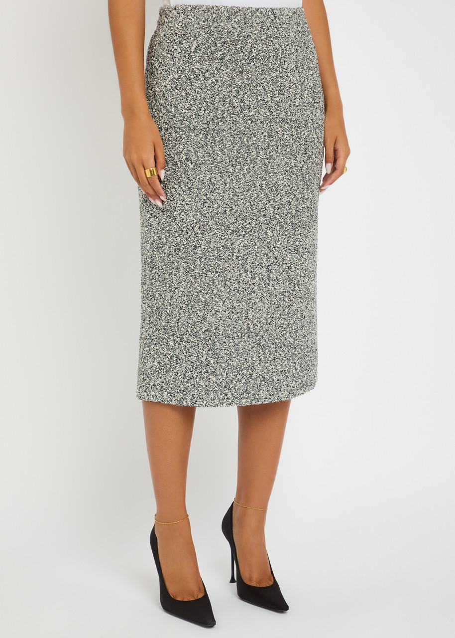 Tory Burch Mid-calf Tweed Skirt With Textured Fabric And Smooth Waistband In Gray