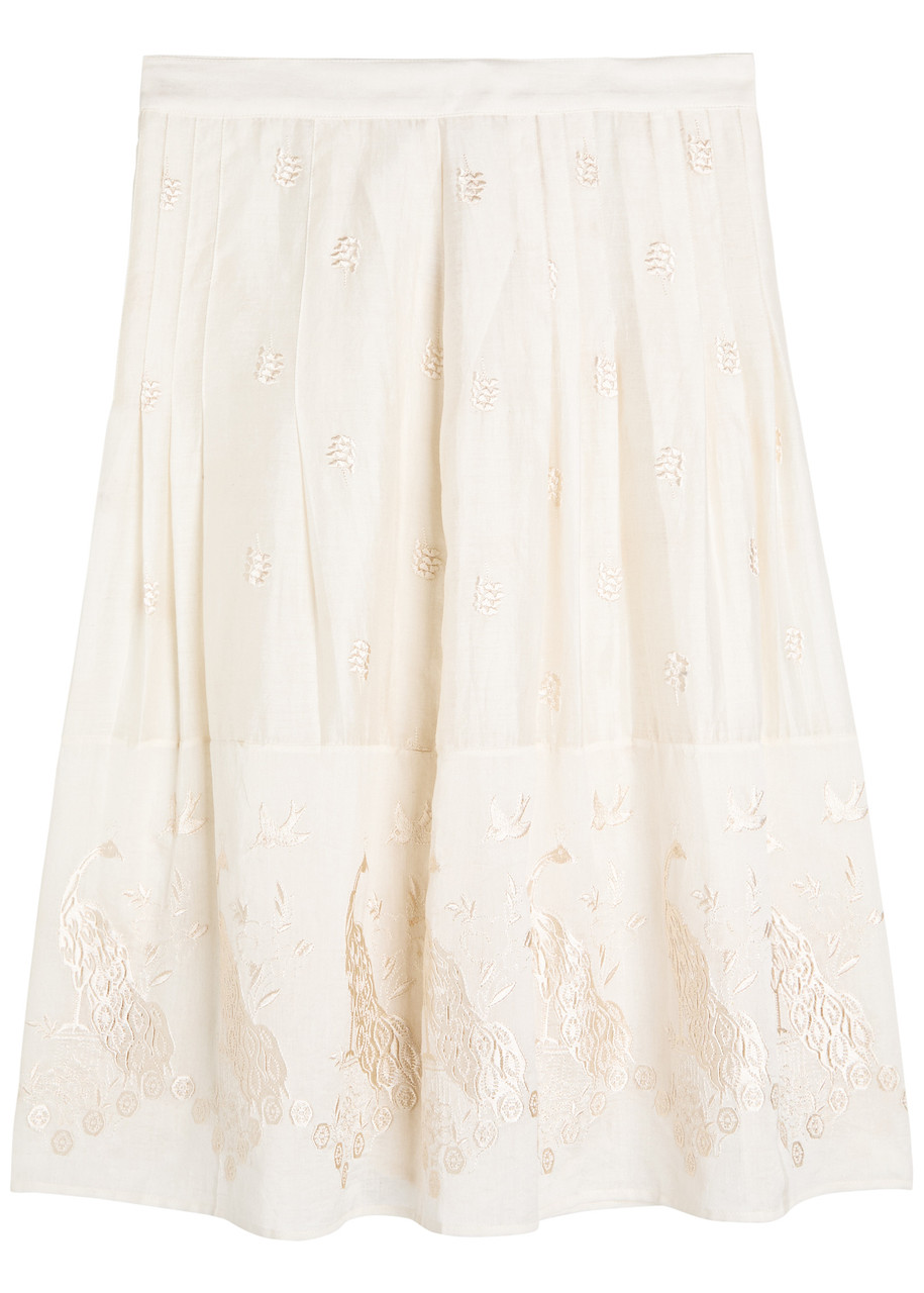 SS Daley Ada Embroidered Cotton and Silk-blend Midi Skirt - Off White - 10 (UK10 / S)