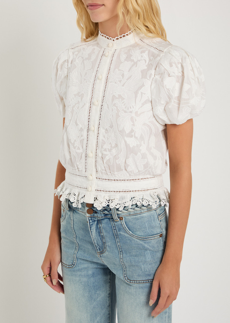 Alice And Olivia Loryn Embroidered Eyelet Puff Sleeve Top In White