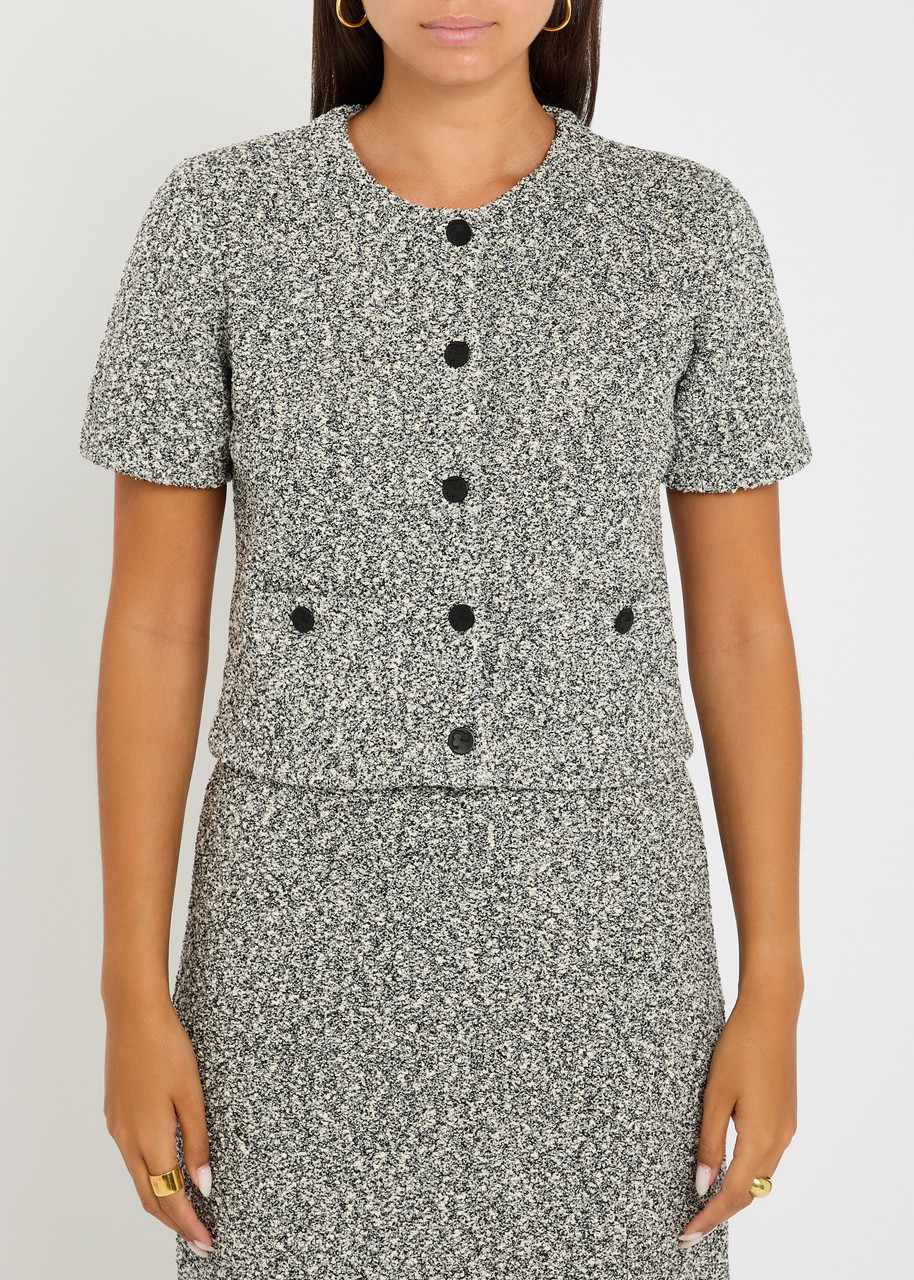 Tory Burch Speckled Tweed Knitwear With Button Front And Practical Pockets In Gray