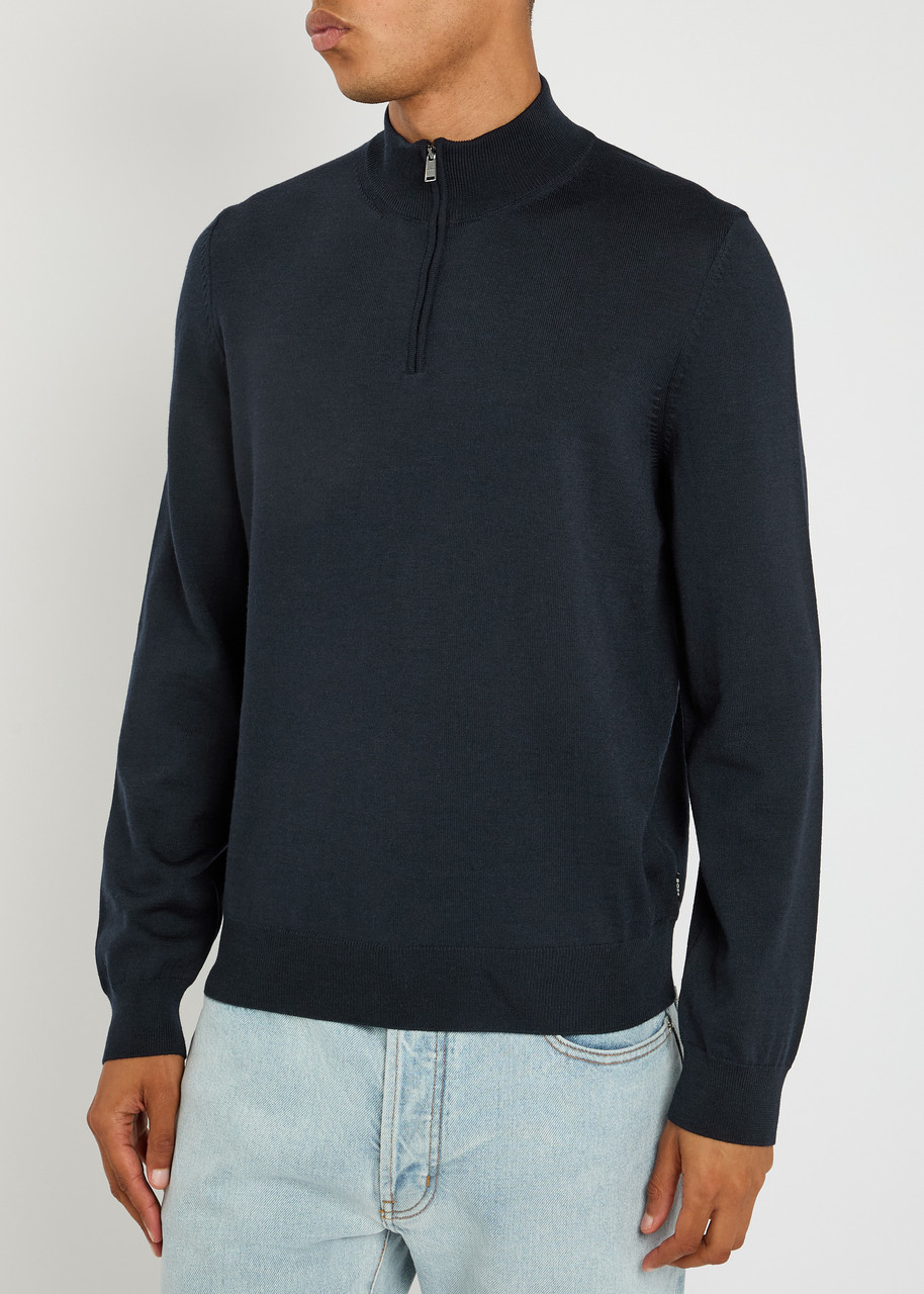 Hugo Boss Boss Ebenji Half-zip Fine-knit Jumper In Blue