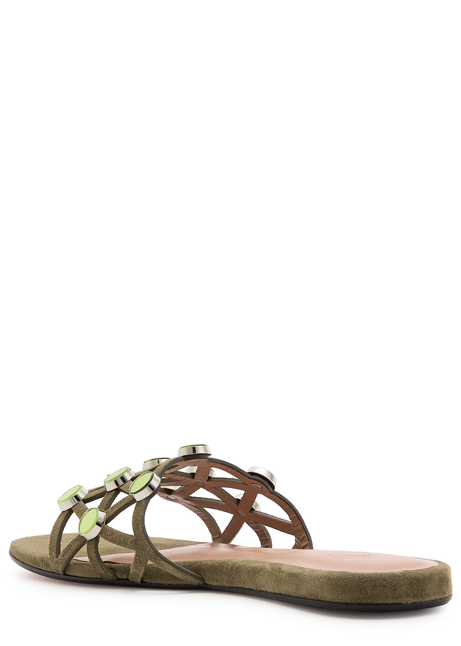 Attico The Grid Embellished Suede Sliders In Brown