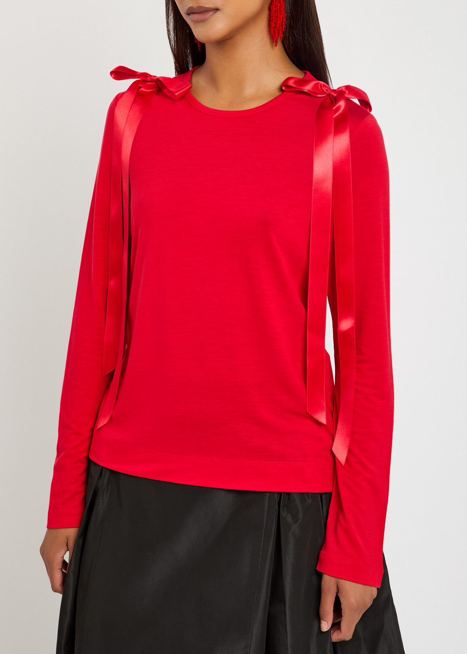 Simone Rocha Bow-embellished Satin-trimmed Lyocell-jersey Top In Red