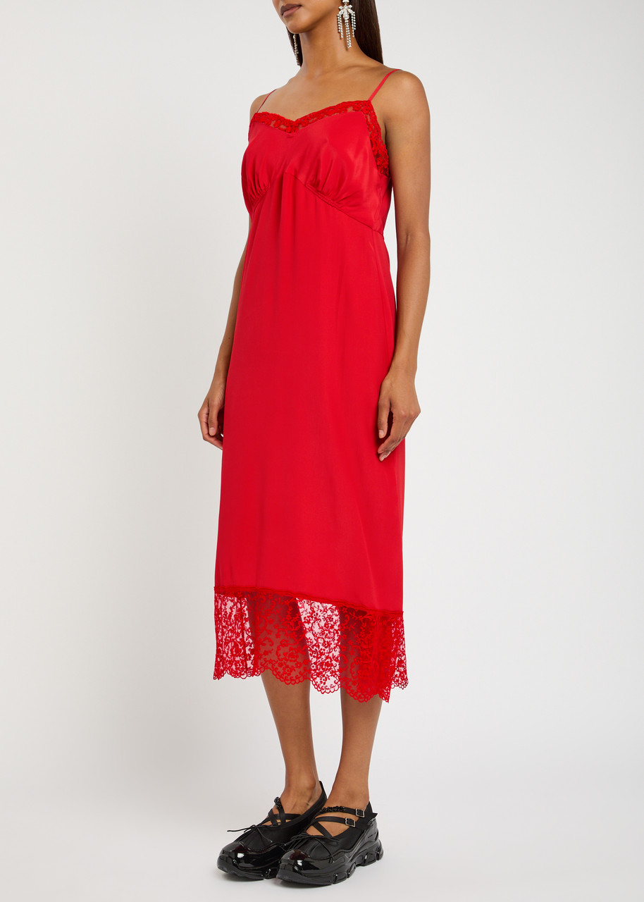 Simone Rocha Lace-trim Crepe De Chine Midi Slip Dress In Red