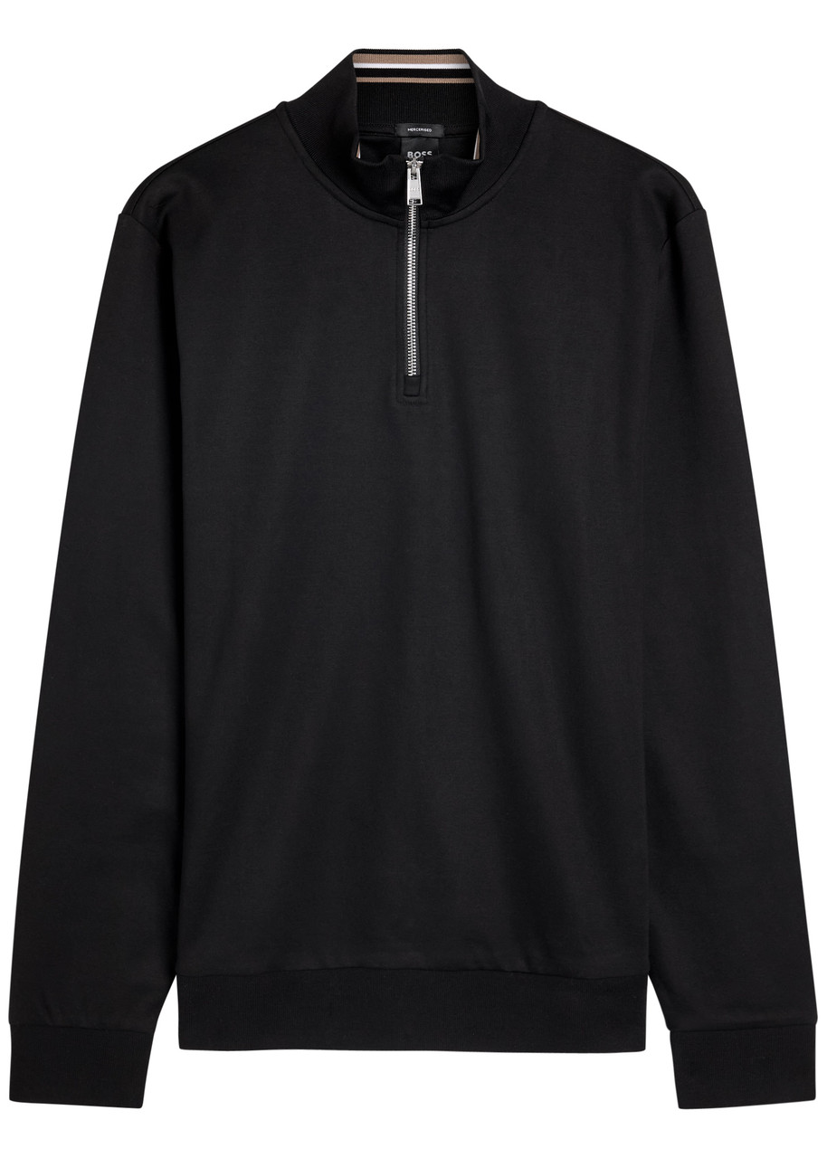 Hugo Boss Boss Stimmann Half-zip Cotton-blend Sweatshirt In Black