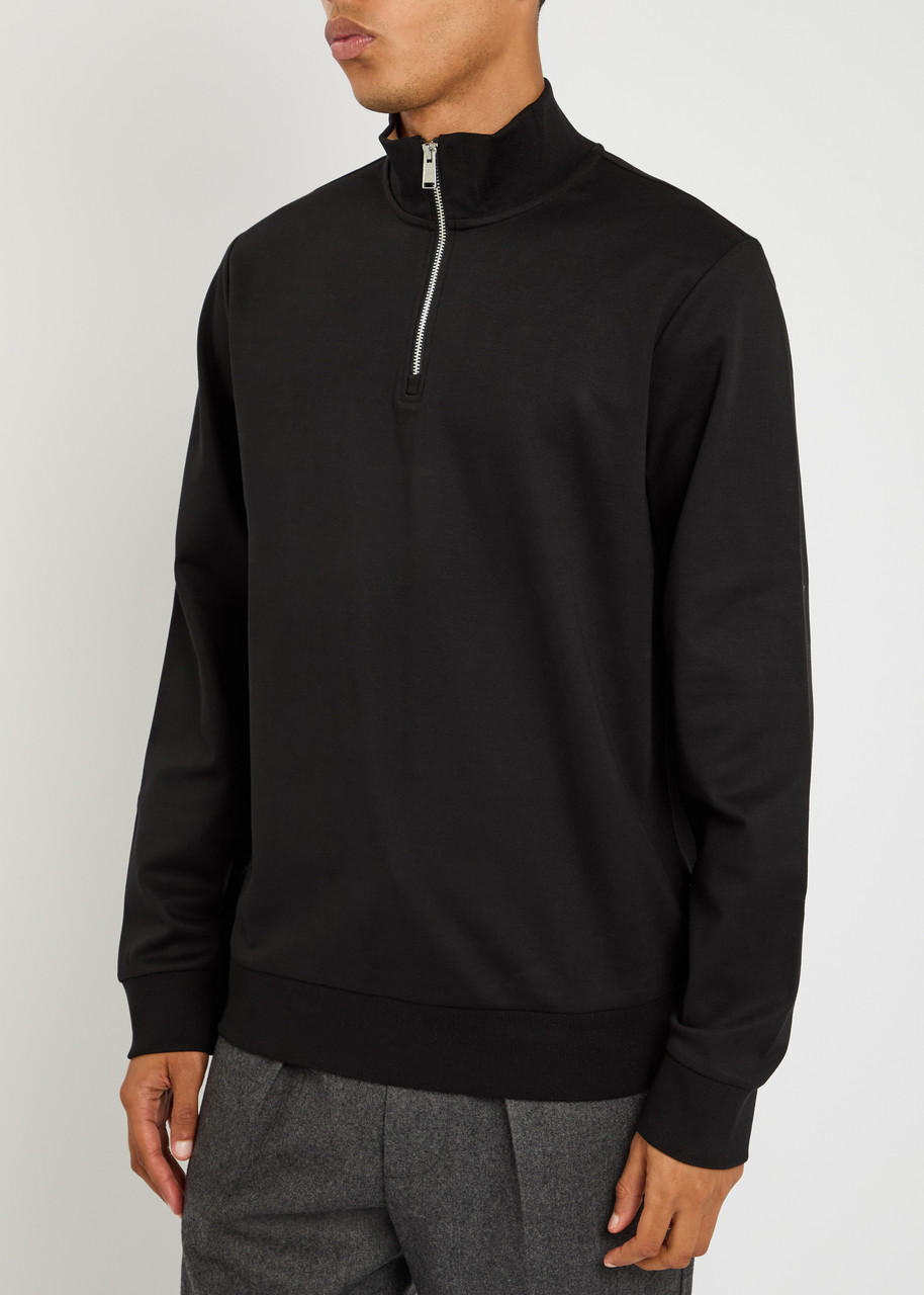 Hugo Boss Boss Stimmann Half-zip Cotton-blend Sweatshirt In Black