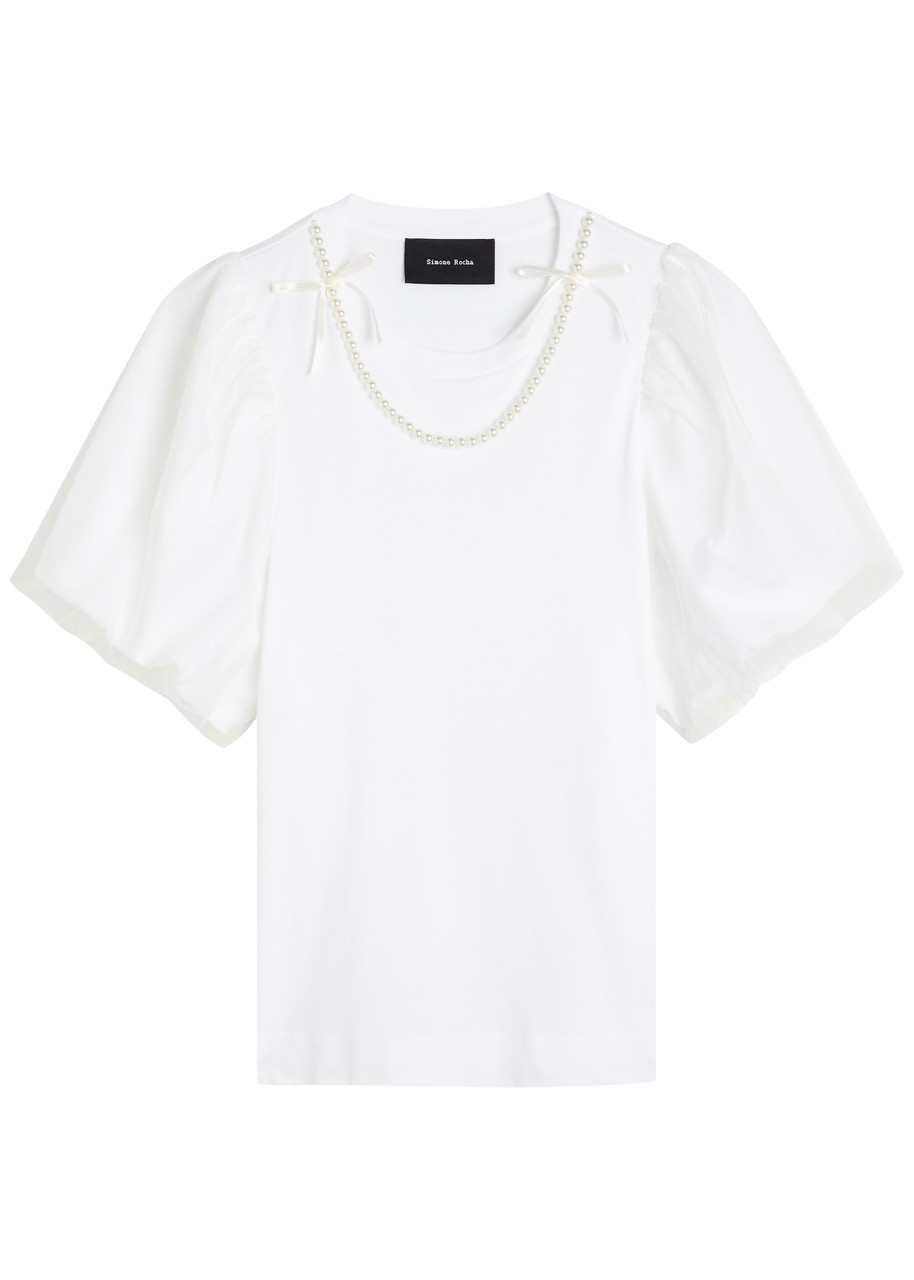 Simone Rocha Tulle Overlay Puff Sleeve T-shirt With Faux Pearl Trim In White