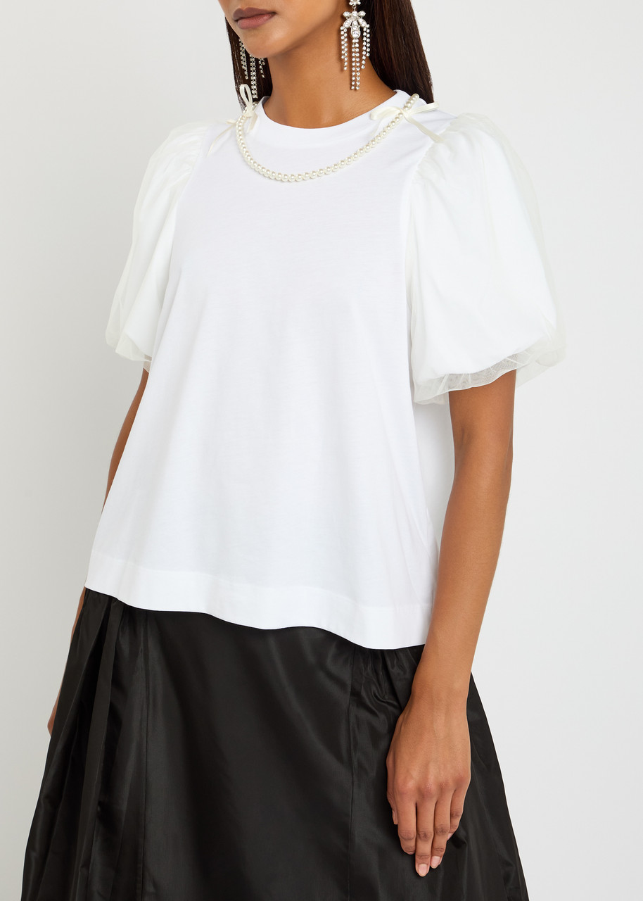 Simone Rocha Tulle Overlay Puff Sleeve T-shirt With Faux Pearl Trim In White