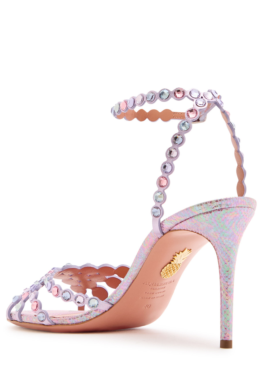 Aquazzura Tequila 85 Crystal-embellished Metallic Leather Sandals In Pink