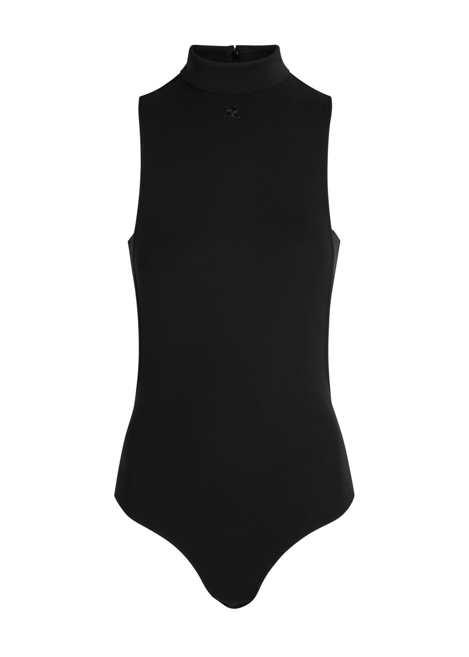 Courrèges Mock Neck Crepe Jersey Bodysuit In Black