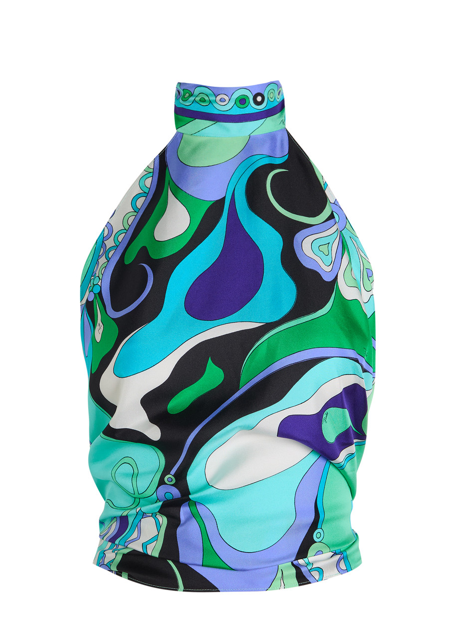 Pucci Printed Halterneck Silk-twill Top In Multi