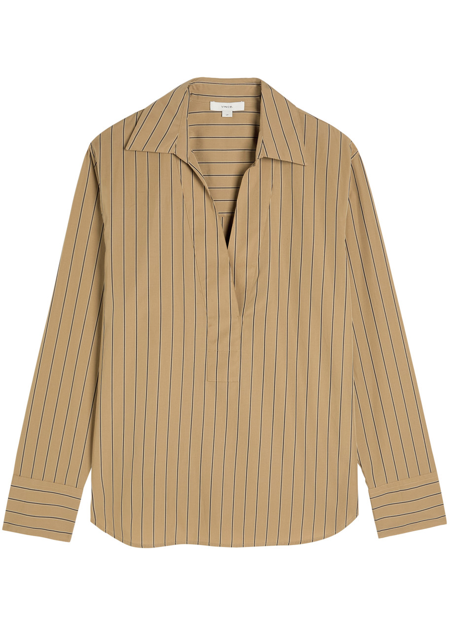 Vince Stripe Relaxed Cotton Popover Shirt In Brown