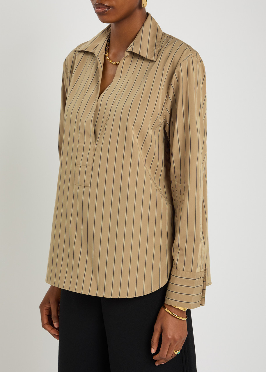 Vince Stripe Relaxed Cotton Popover Shirt In Brown