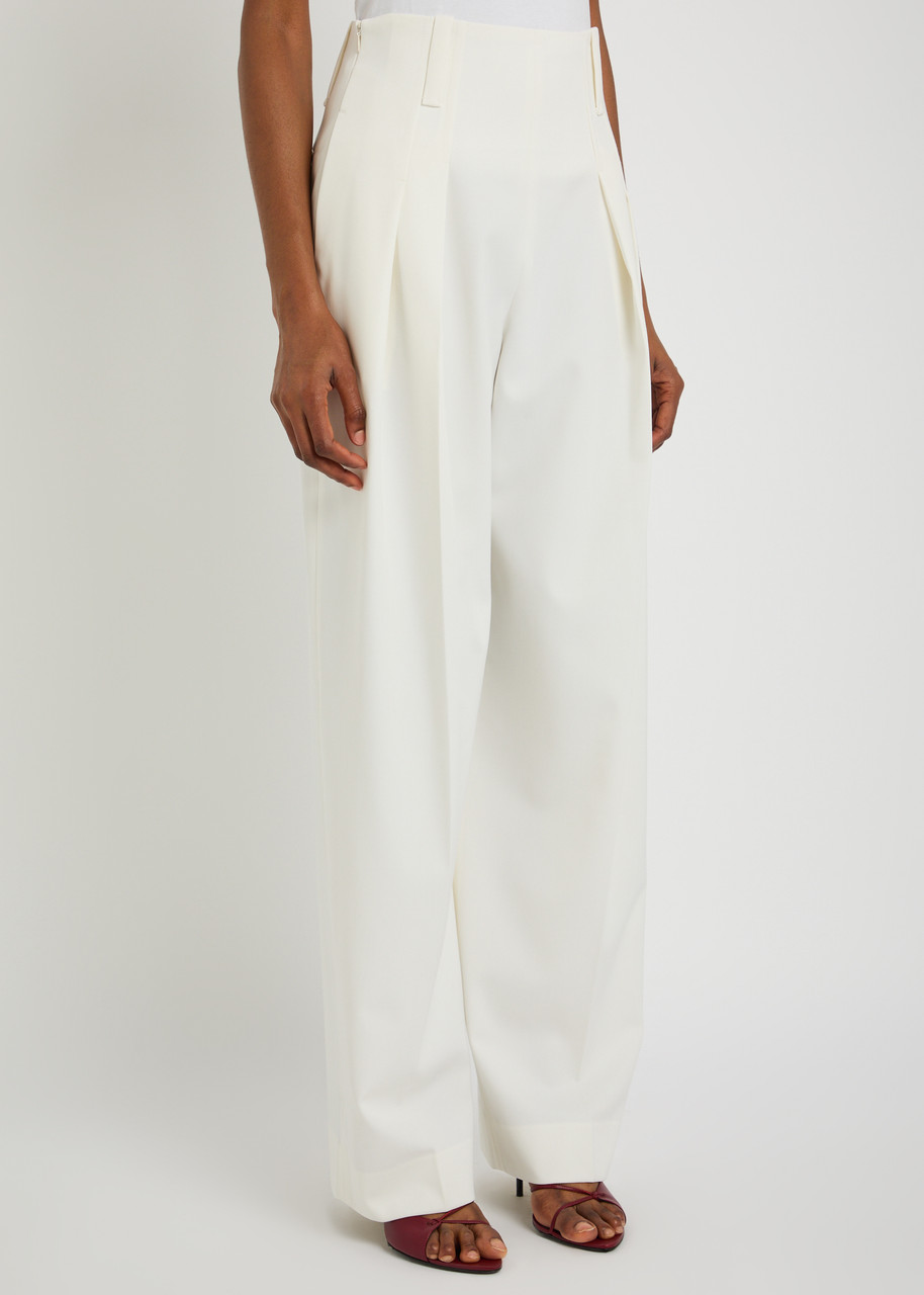 Victoria Beckham Pleated High-rise Wool-blend Trousers In Neutral