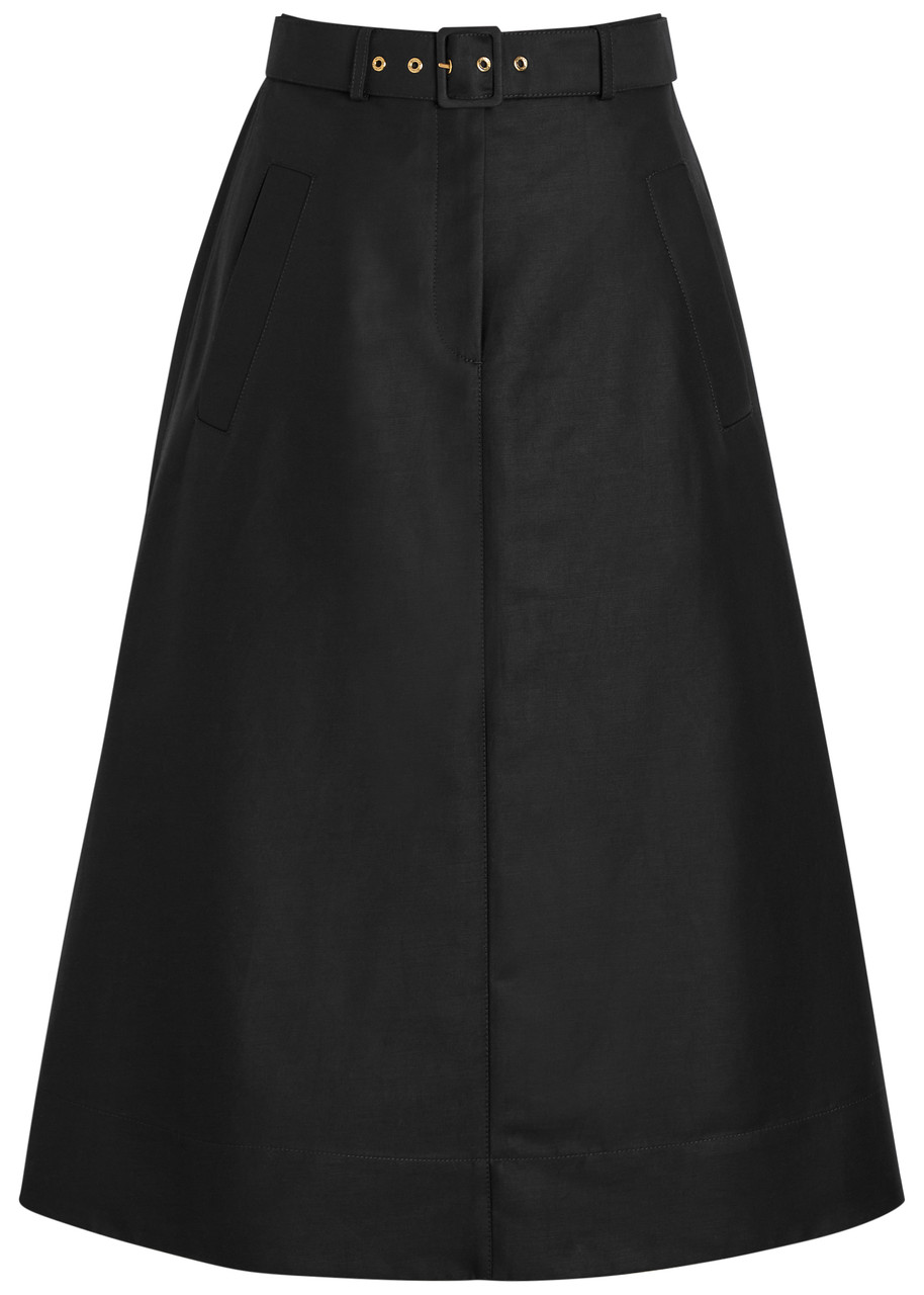 Moncler Belted Cotton-poplin Midi Skirt In Black