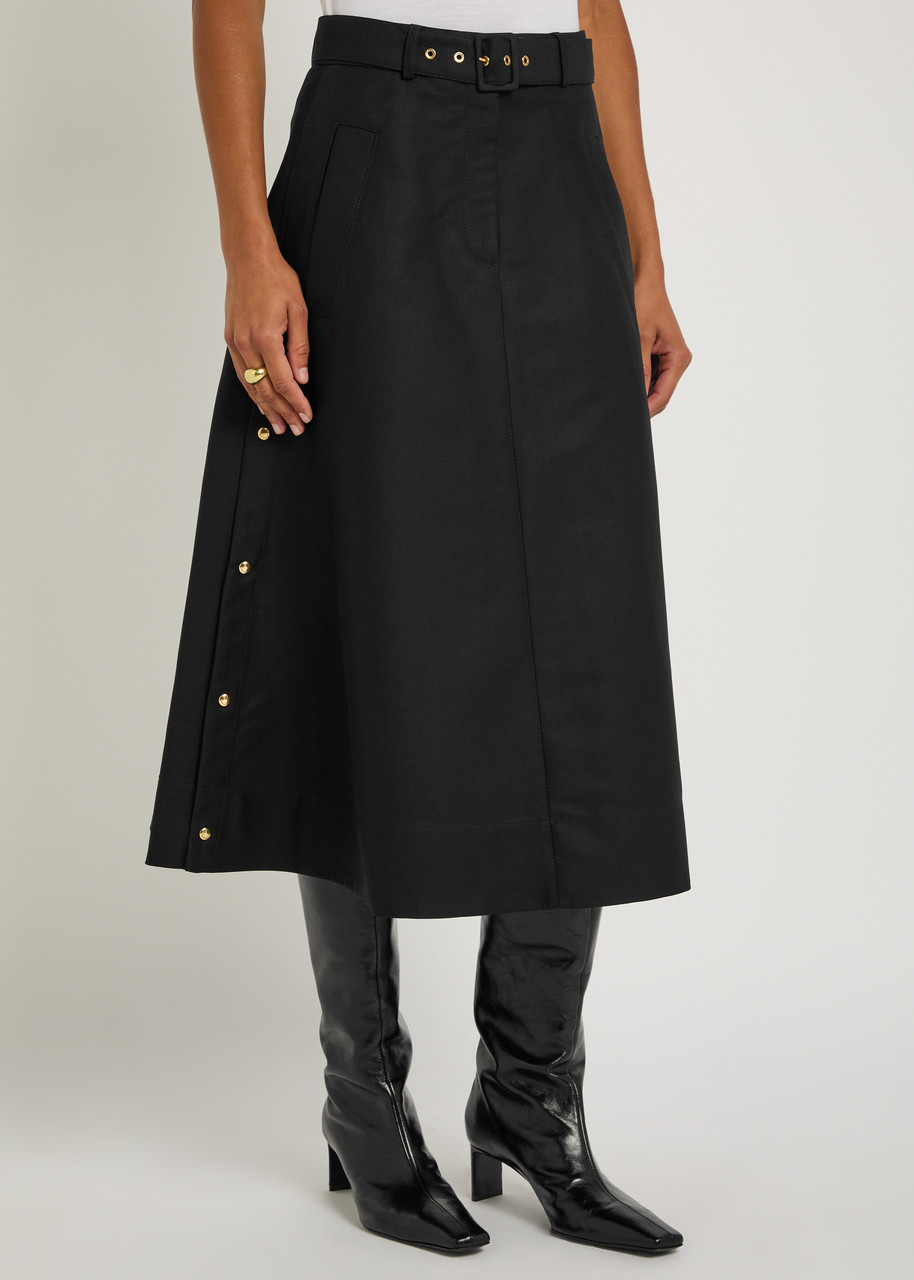 Moncler Belted Cotton-poplin Midi Skirt In Black