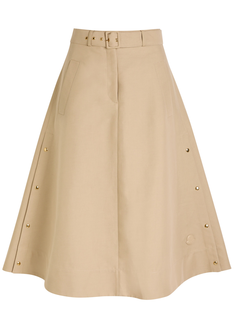 Moncler Belted Cotton-poplin Midi Skirt In Sand
