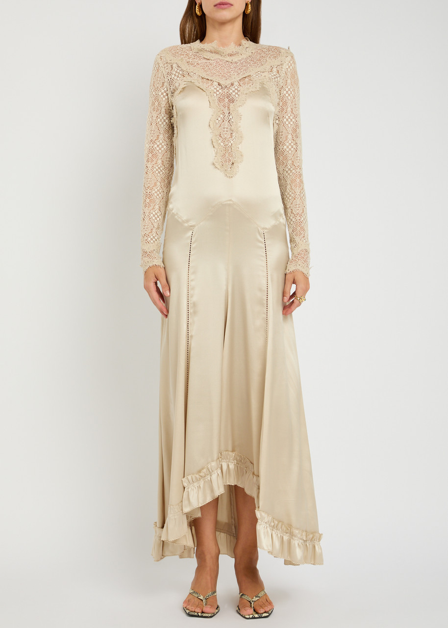 Isabel Marant Dolores Lace-embellished Stretch-satin Gown In Neutral