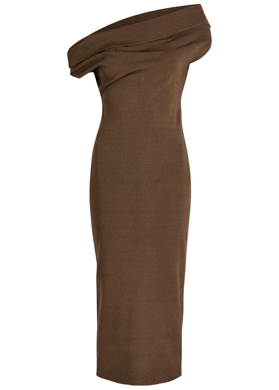Armarium Debra Asymmetric Stretch-knit Midi Dress In Brown