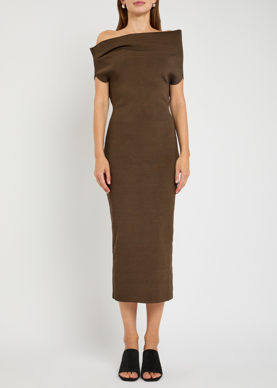 Armarium Debra Asymmetric Stretch-knit Midi Dress In Brown