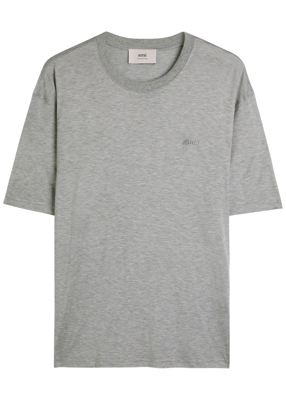 Ami Paris Logo-embroidered Jersey T-shirt – Grey – L Ami Paris Logo-embroidered Jersey T-shirt – Grey – L