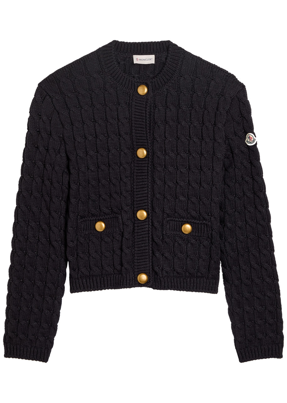 Moncler Cable-knit Cotton-blend Cardigan In Black
