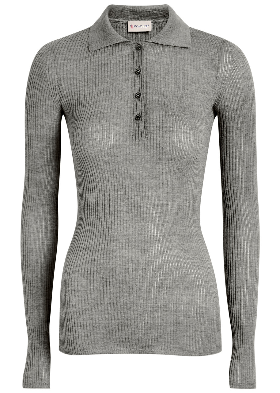Moncler Ribbed Wool Polo Top In Gray