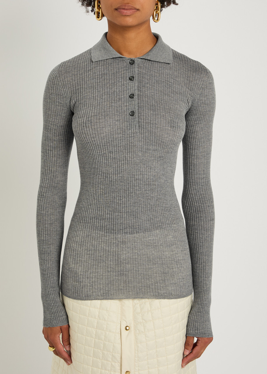 Moncler Ribbed Wool Polo Top In Gray