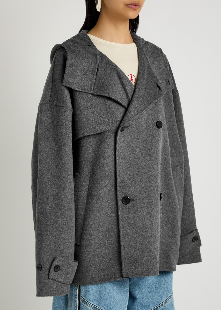 Jw Anderson Double-breasted Hooded Wool Pea Coat In Gray
