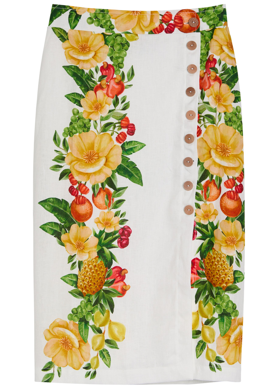 Farm Rio Picnic Flowers Printed Linen Midi Skirt - White - M (UK12 / M)