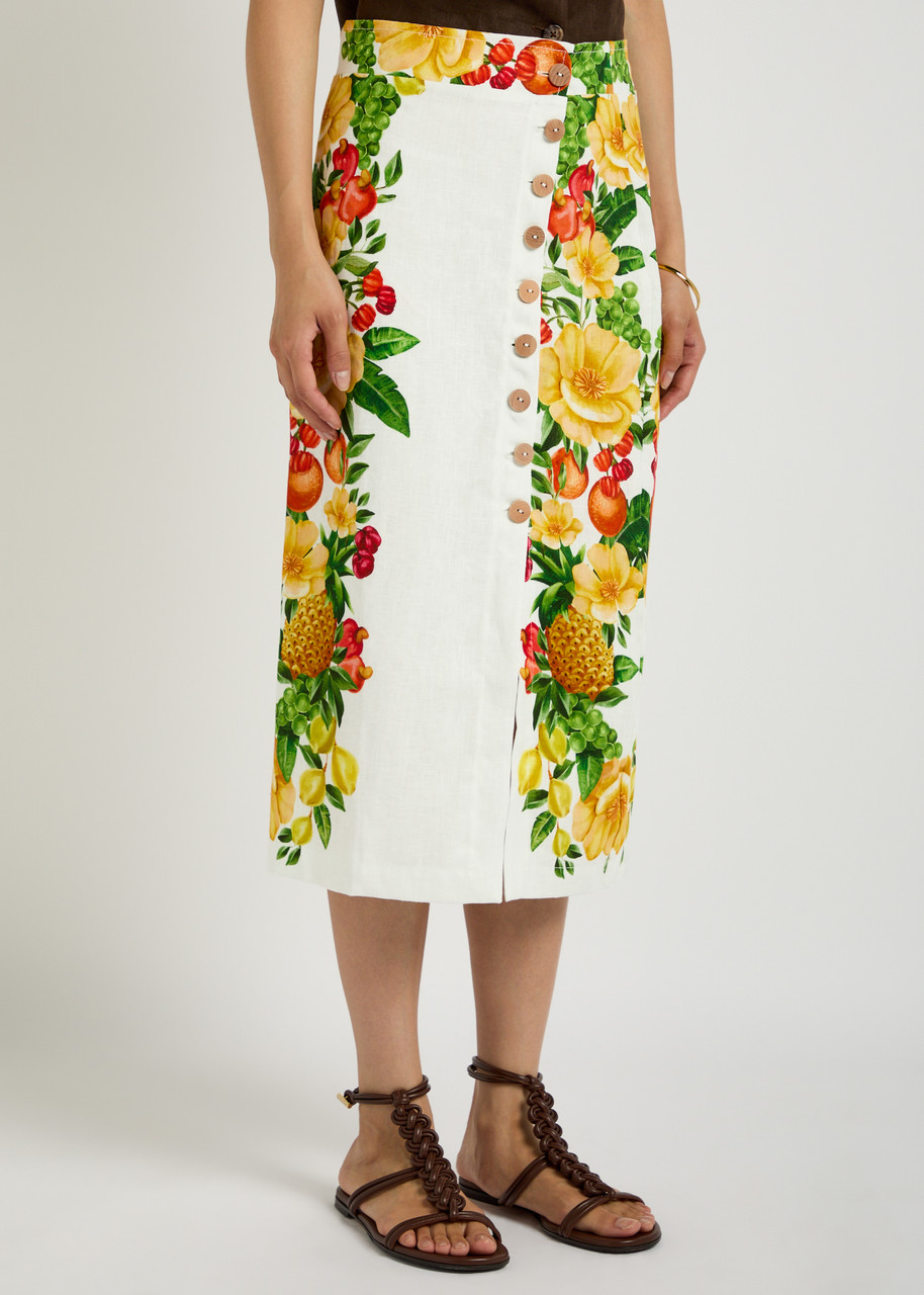 Farm Rio Picnic Flowers Printed Linen Midi Skirt In White