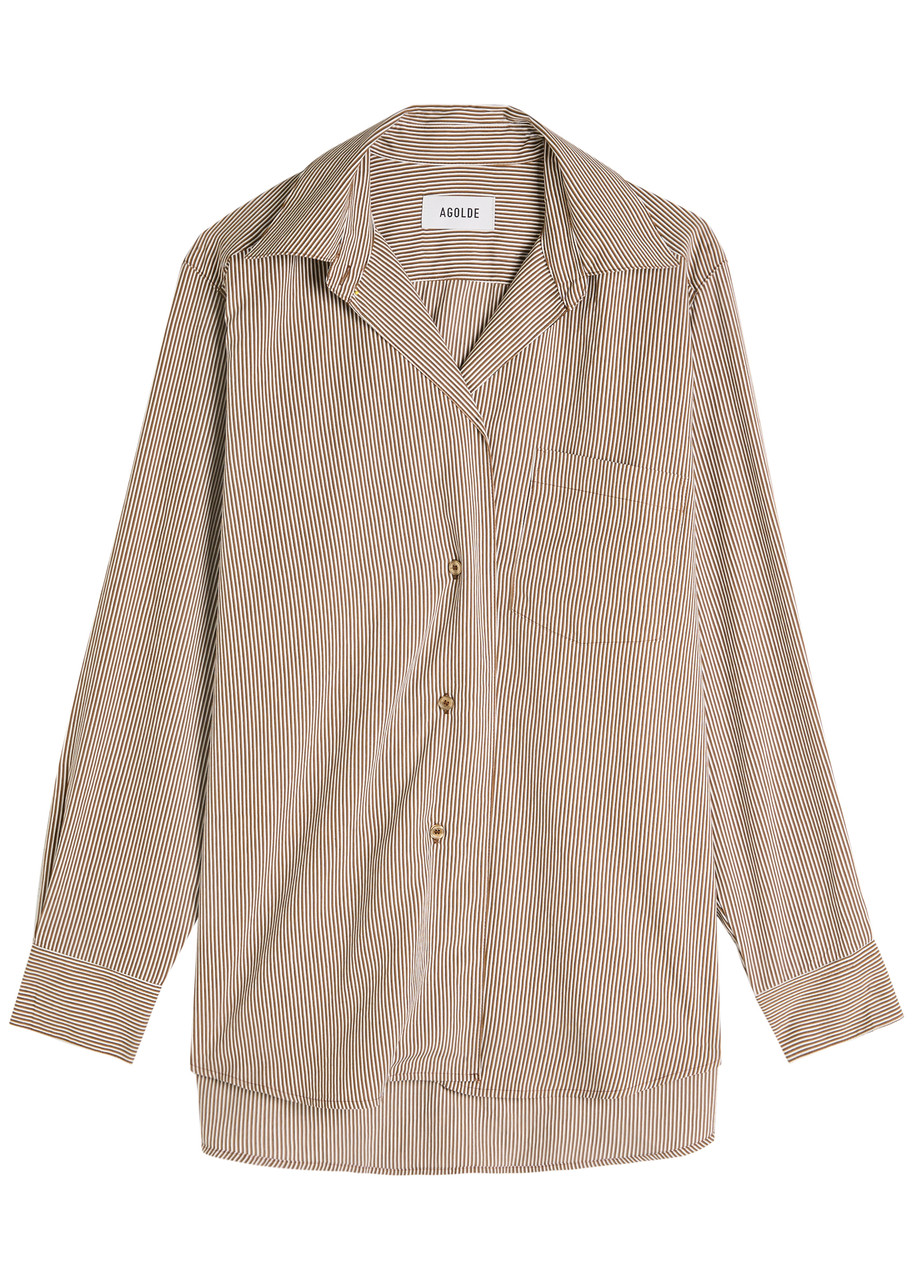 Agolde Aris Asymmetric Striped Woven Shirt In Brown