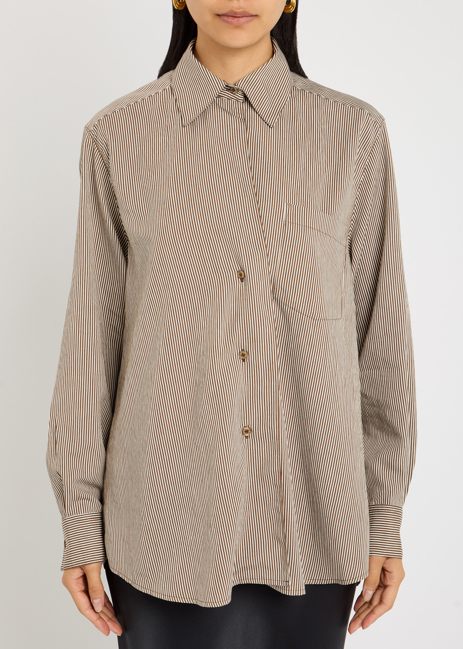 Agolde Aris Asymmetric Striped Woven Shirt In Brown