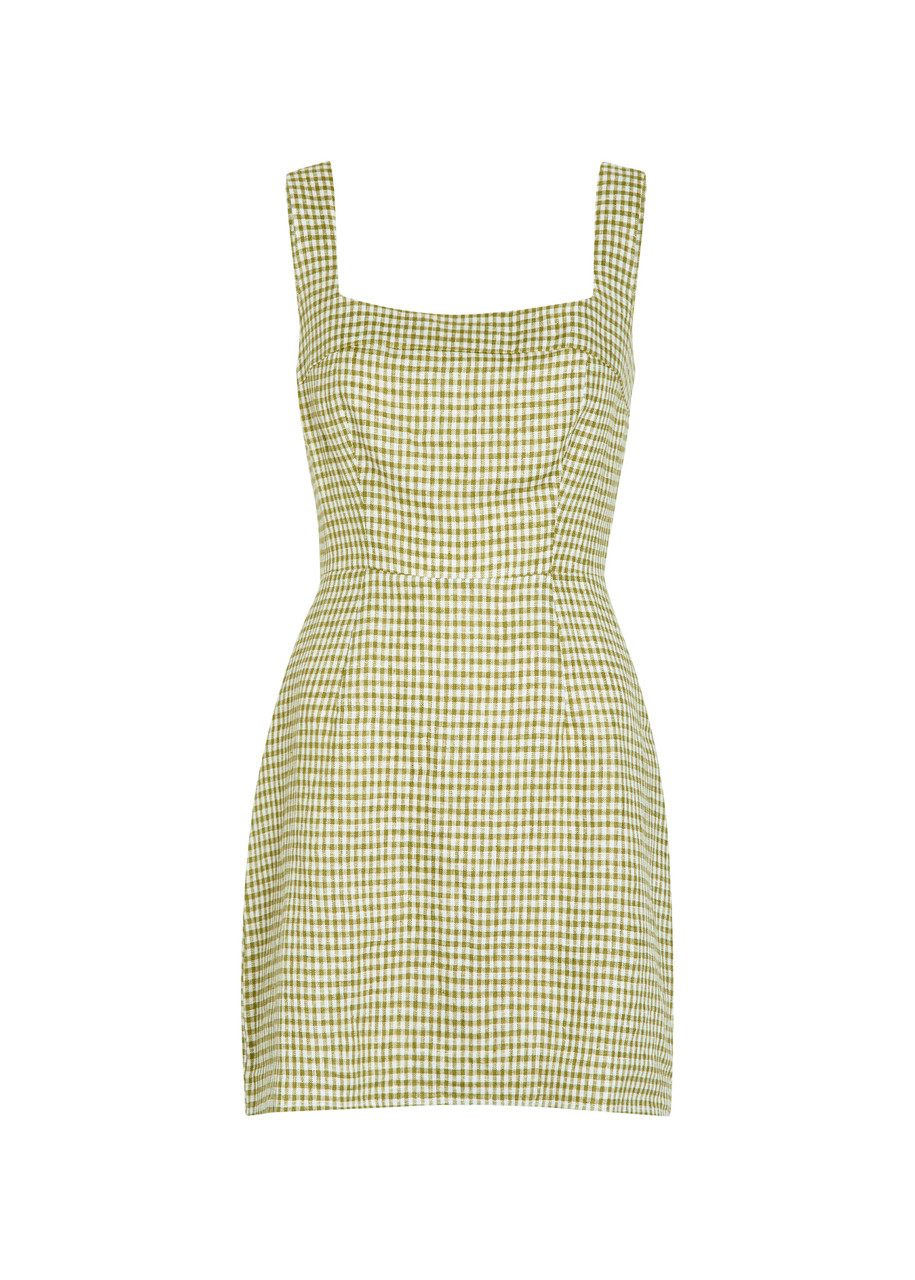 Reformation Celosia Gingham-jacquard Linen Mini Dress In Green