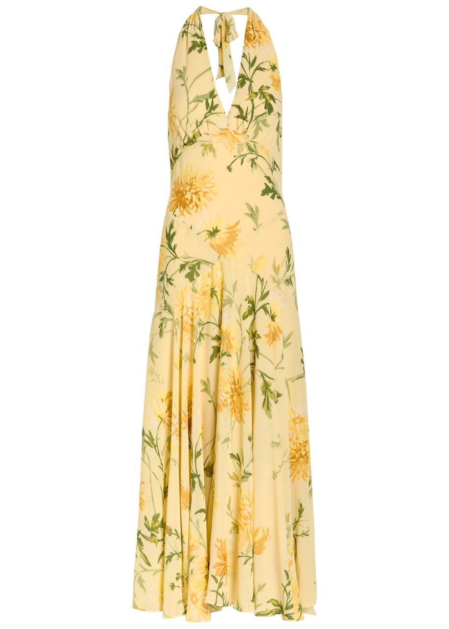 Reformation Briony Panelled Floral-print Georgette Midi Dress In Yellow