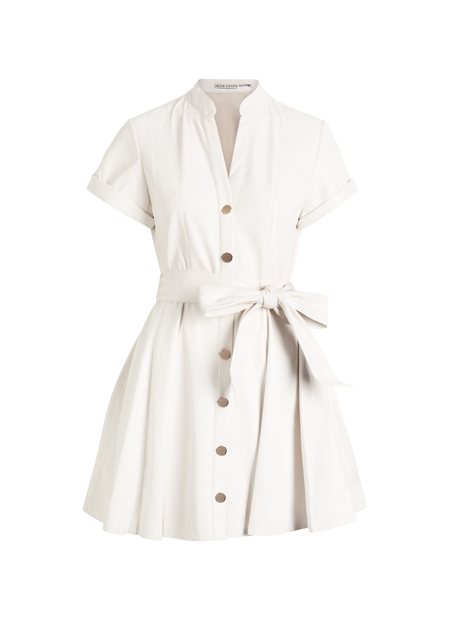 Alice And Olivia Lucy Faux Leather Short Sleeve Mini Dress In White