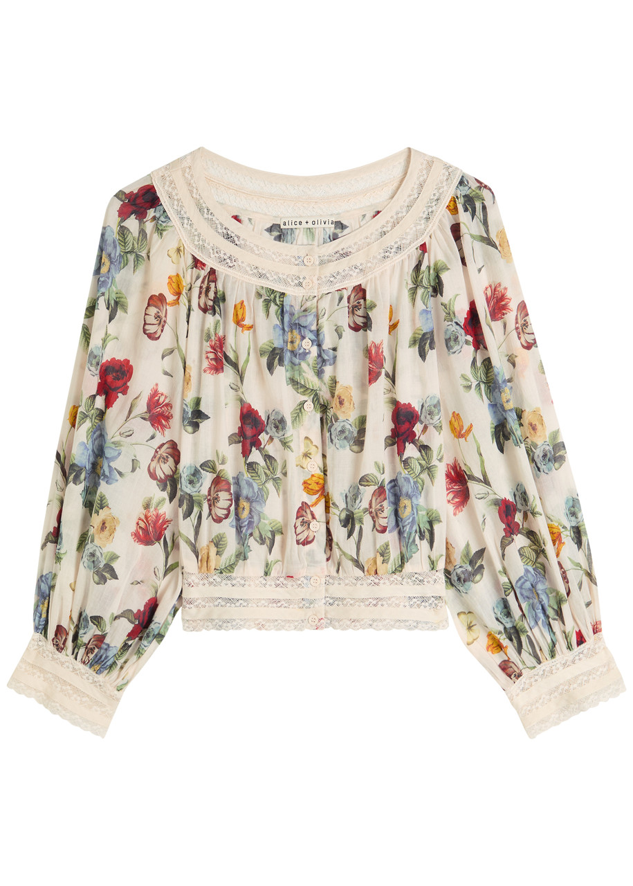 Alice And Olivia Alice + Olivia Cherelle Floral-print Cropped Cotton Blouse In Multi
