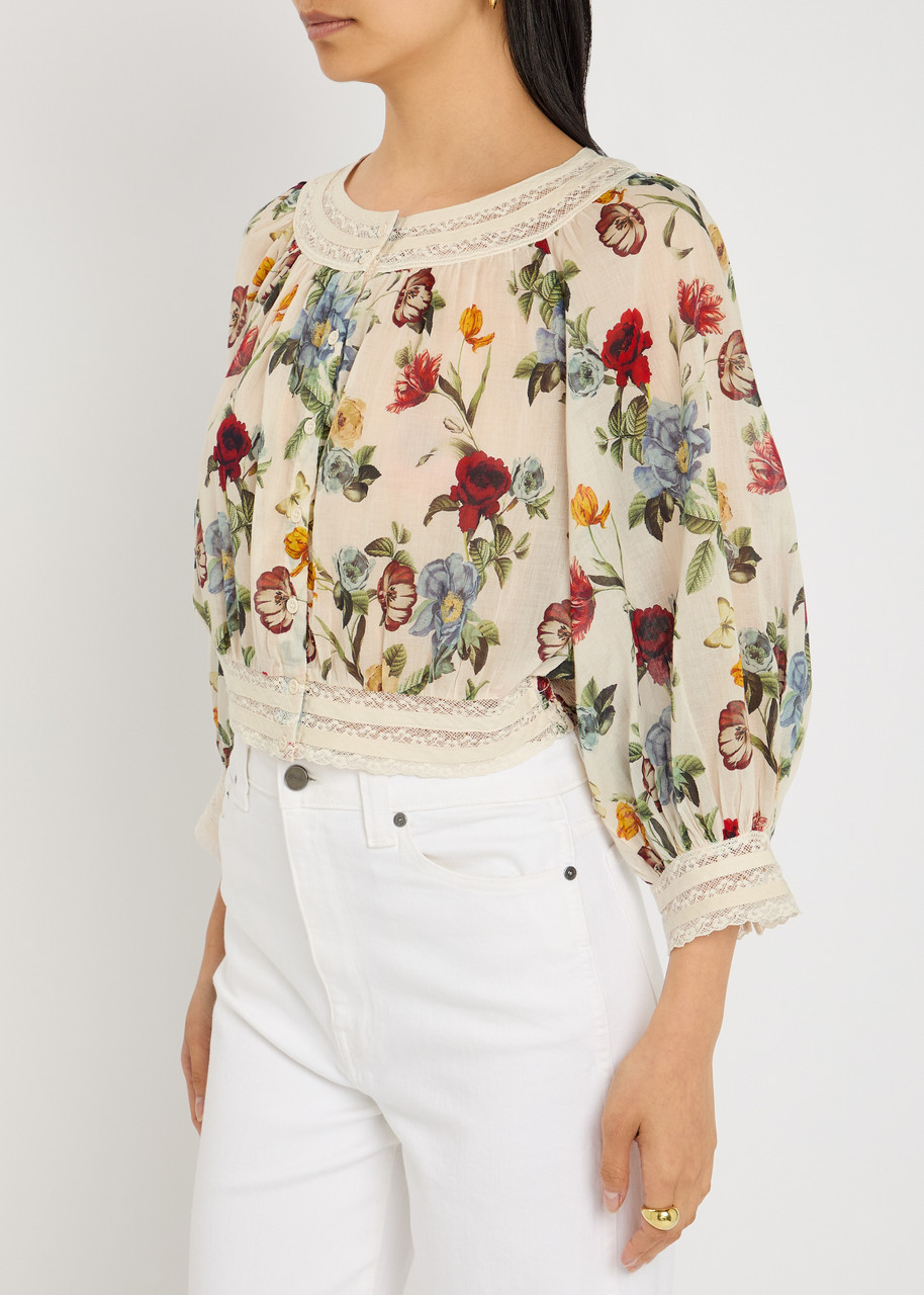 Alice And Olivia Alice + Olivia Cherelle Floral-print Cropped Cotton Blouse In Multi