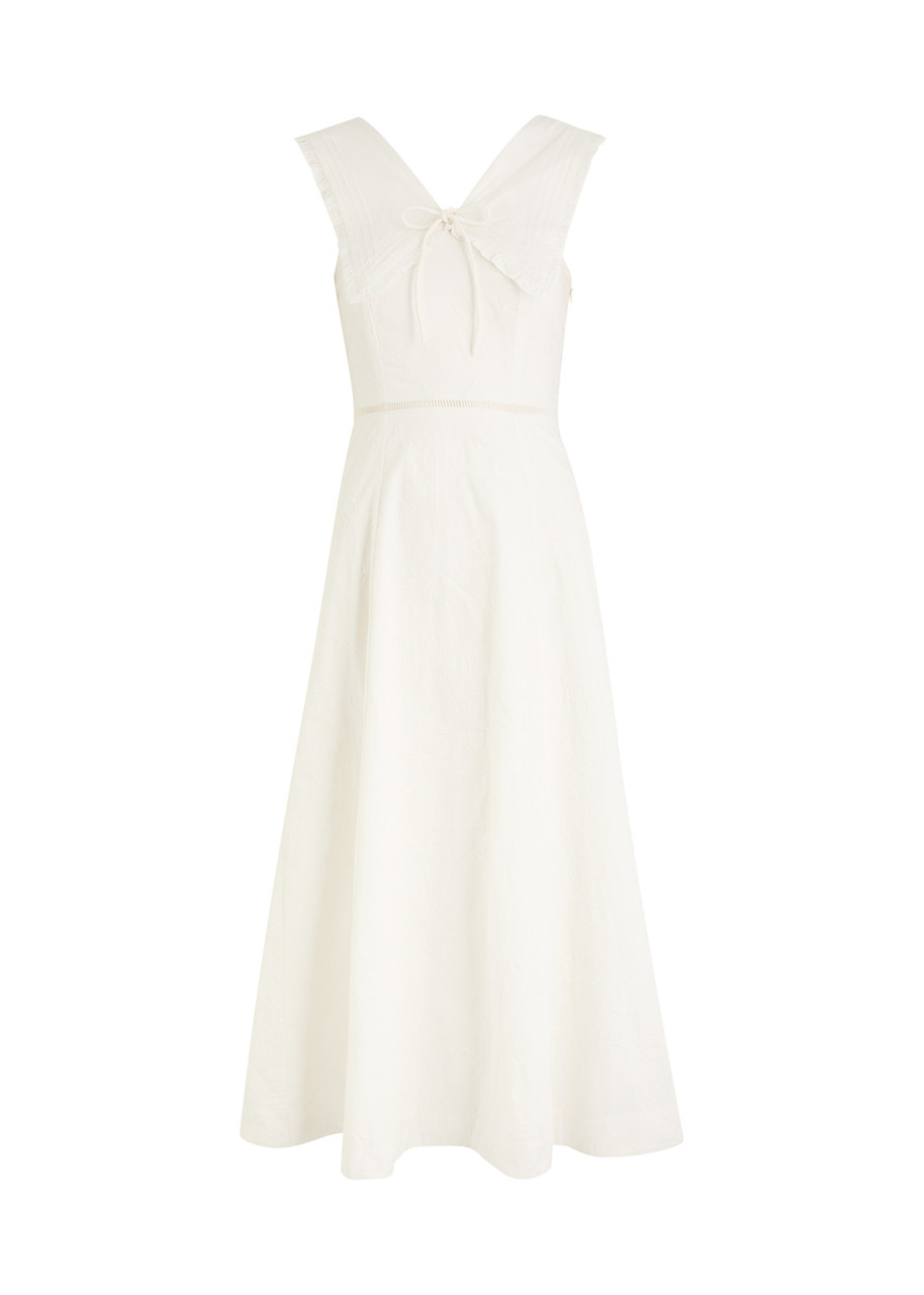 Damson Madder Fan Fan Embroidered Cotton Midi Dress In White