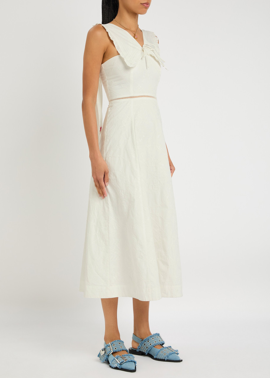 Damson Madder Fan Fan Embroidered Cotton Midi Dress In White