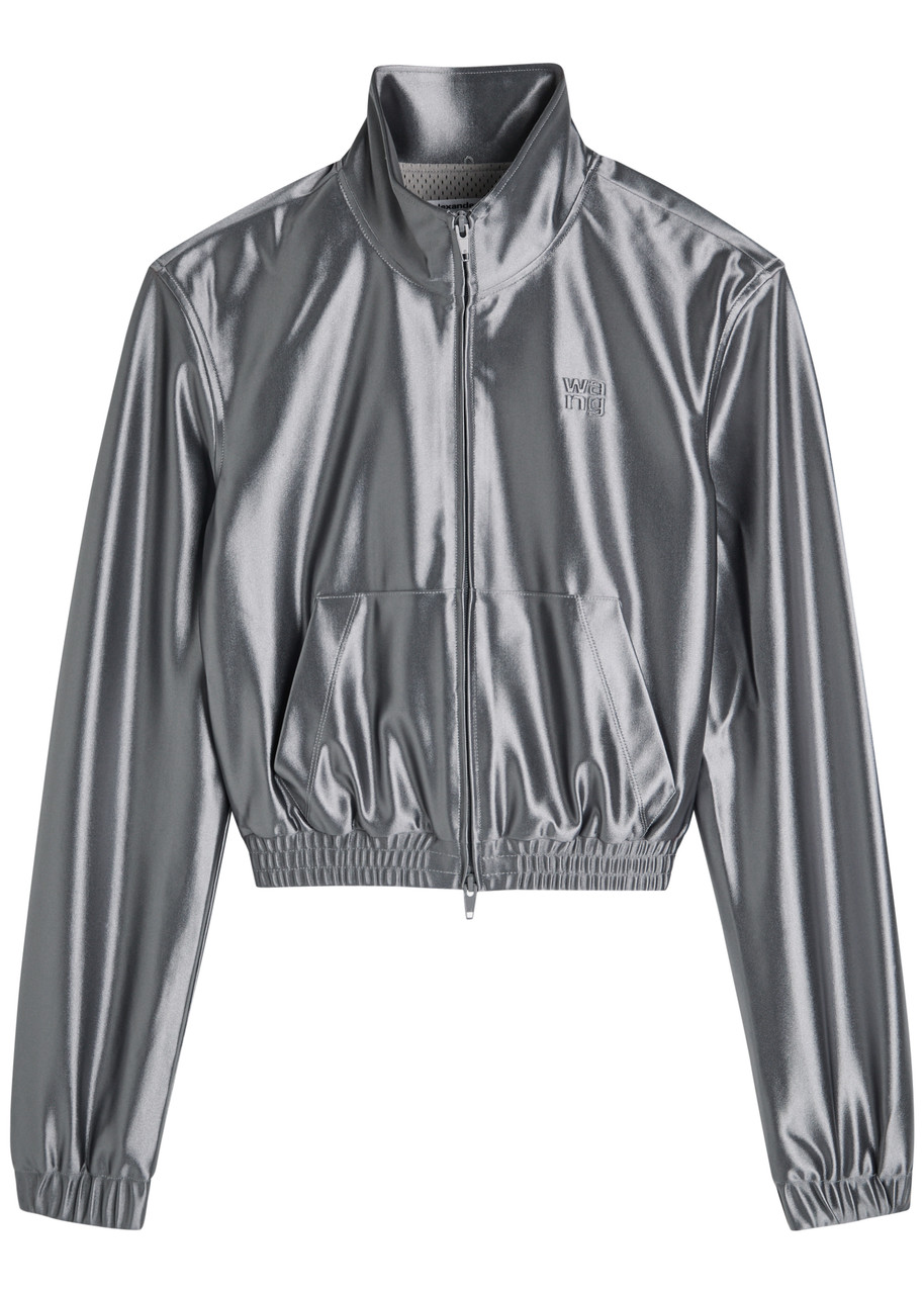 Alexander Wang T Alexanderwang.t Shrunken Logo-embossed Satin Track Jacket In Silver