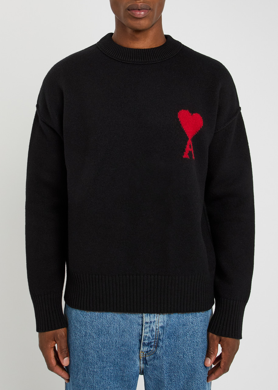 Ami Alexandre Mattiussi Ami Paris Black Wool Ami De Coeur Cardigan Men In Black