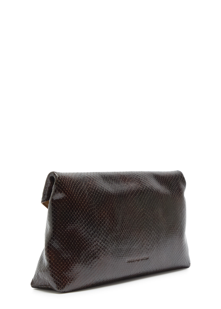  Dries Van Noten Envelope Large Python-effect Leather Clutch - Brown Dark - One Size 
