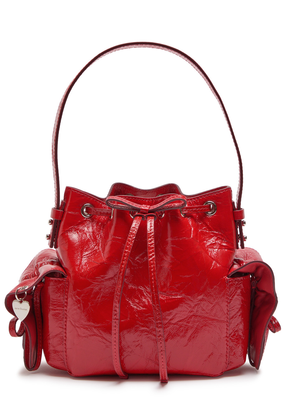Acne Studios Multipocket Mini Patent Leather Bucket Bag In Red