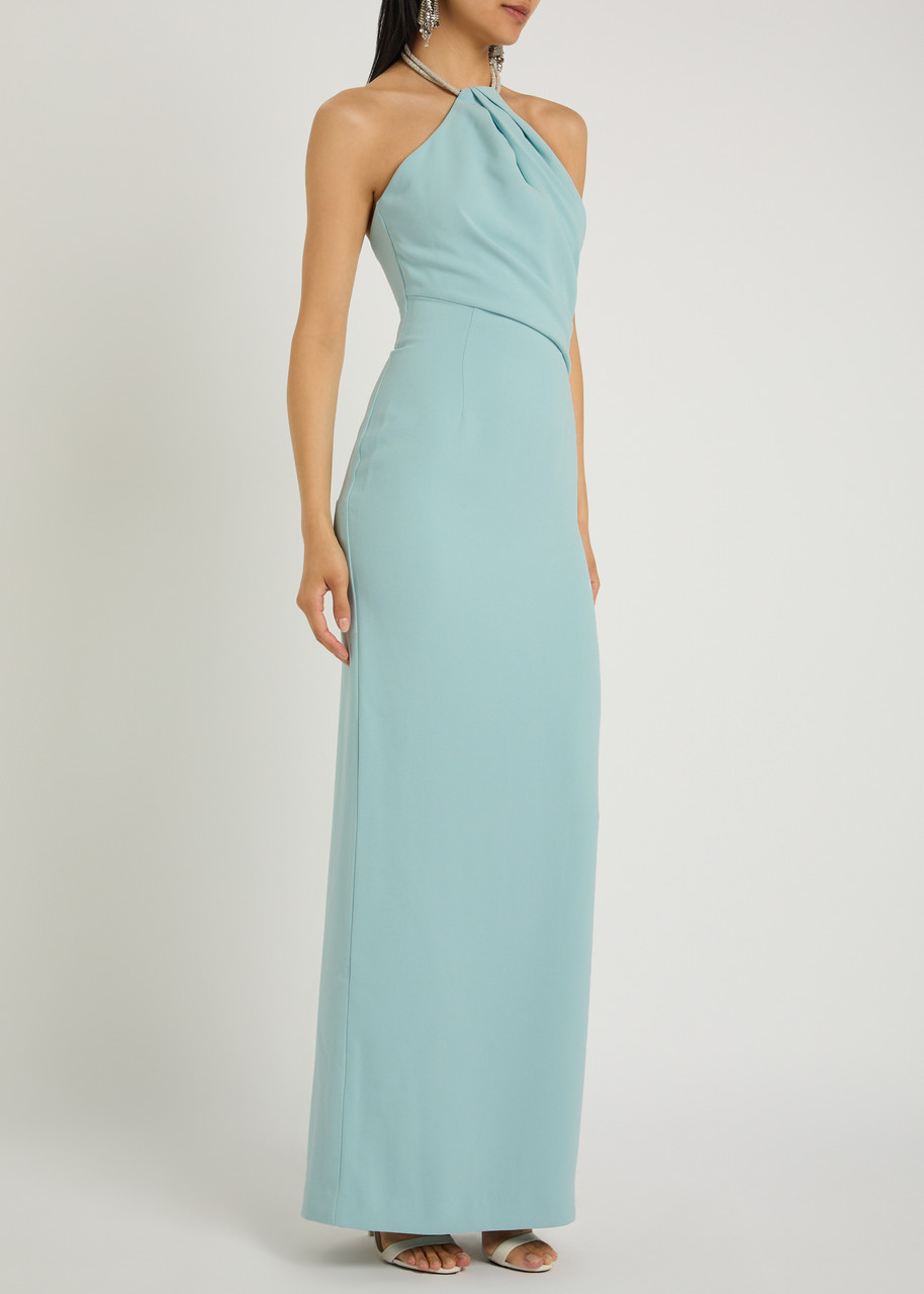 Solace London Riva Light Blue Long Dress With Rhinestone-embellished Neckline And Drape Details In Twill Woman In Blue